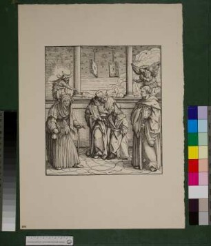 Nachdruck von Hans Burgkmairs d. Ä. Holzschnitt "Das Verlangen des jungen weißen Königs, die Schwarzkunst und Zauberei zu erlernen" (Weisskunig)