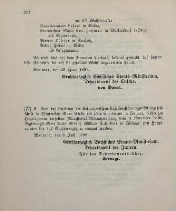 77. Ministerial-Bekanntmachung, betreffend Wechsel in der Hauptagentur der Schweizerischen Unfallversicherungs-Aktiengesellschaft in Winterthur