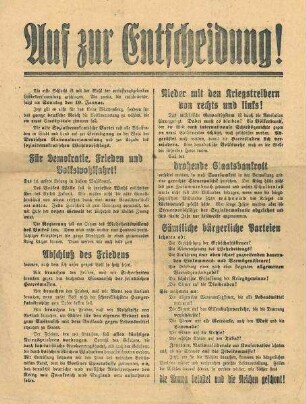 "Aufruf zur Entscheidung!" Flugblatt der "alten Sozialdemokratie" für Württ. u. Hohenzollern zur Wahl der Nationalversammlung