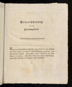 Vorerinnerung des Herausgebers