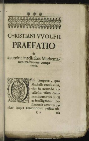 Christiani Wolfii Praefatio de acumine intellectus Mathematum tractatione comparando