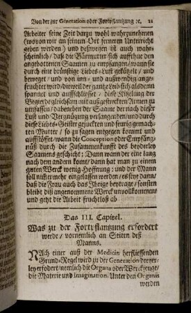 Das III. Capitel. Was zu der Fortpflantzung erfordert werde/ vornemlich an Seiten deß Manns.