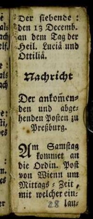 Nachricht Der ankommenden und abgehenden Posten zu Preßburg