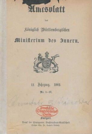 12.1882: Amtsblatt des Württembergischen Ministeriums des Innern