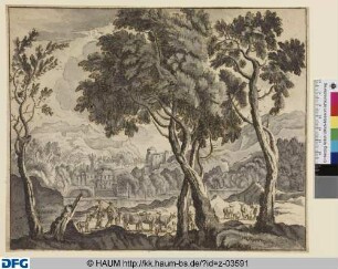 Italienische Landschaft mit Viehherde, rechts im Vordergrund eine Baumgruppe