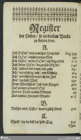 Register der Lieder, so in diesem Buche zu finden seyn
