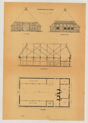 Laupin (Kreis Ludwigslust): Bauernhaus. Grundriss, Giebelansichten, Längsschnitt