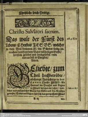 Leichenpredigt : Christliche Leich-Predigt. Textus. Eingang.