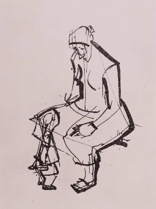 Sitzende Frau im Gespräch mit stehendem Kind (verworfene Arbeit)
