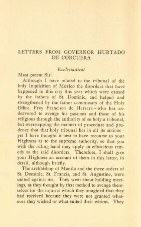 Letters from governor Hurtado de Corcuera