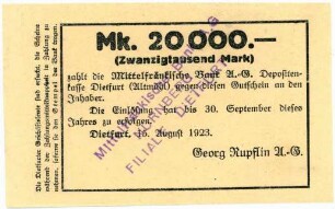 Geldschein / Notgeld, 20.000 Mark, 15.8.1923