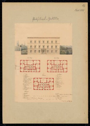 Präsidialgebäude Monatskonkurrenz Oktober 1841: Grundriss Erdgeschoss, 1.und 2. Obergeschoss, Aufriss Vorderansicht; 2 Maßstabsleisten, Raumplan