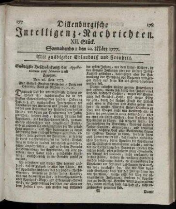 XII. Stück. Sonnabends: den 22. März 1777.
