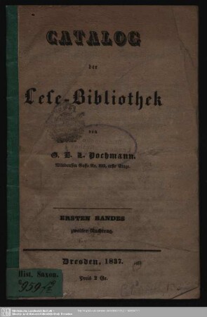 1.1836/37,2: Catalog der Lese-Bibliothek von G. E. L. Pochmann : Nachtrag ...