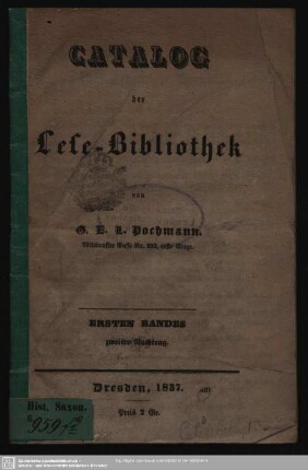 1.1836/37,2: Catalog der Lese-Bibliothek von G. E. L. Pochmann : Nachtrag ...