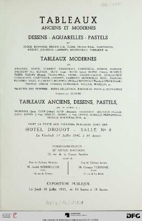 Tableaux anciens et modernes : dessins, aquarelles, pastels, par Boggs ..., tableaux modernes par Anastasi, ... tableaux anciens, dessins, pastels, par, ou attribués à: Brueghel (Jean) ... ; Hotel Drouot, 11 juillet 1941
