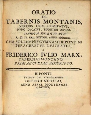 Oratio De Tabernis Montanis, Veteris Olim Comitatus Nunc Ducatus, Bipontini Oppido