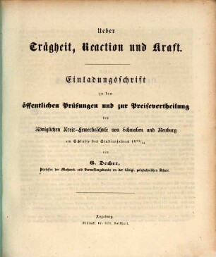 Über Trägheit, Reaction und Kraft