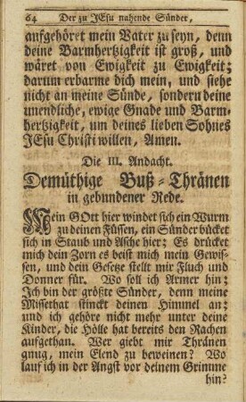 Die III. Andacht. Demüthige Buß-Thränen in gebundener Rede