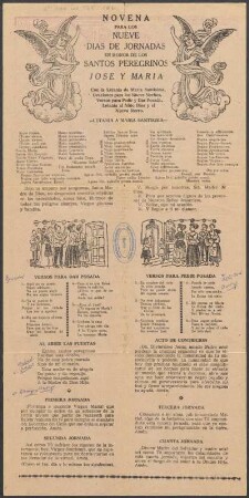 Novena para los nueve días de jornadas [...] : Letanía á María Santísima ; Versos para dar posada ; Al abrir las puertas ; Versos para pedir posada ; Acto de contrición ; [de] Primera jornada [a] novena jornada ; Despedida de los peregrinos de la posada ; Noche Buena ; Letanía