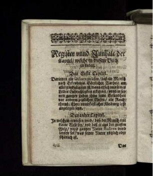 Register unnd Innhalt der Capitel/ welche in diesem Buch zu finden (ohne Hinweis auf die Seitenzahl)