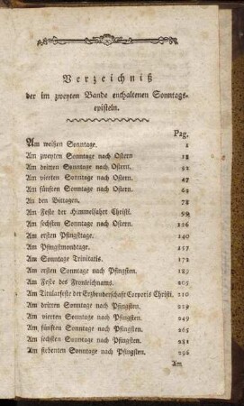 Verzeichniß der im zweyten Bande enthaltenen Sonntagsepisteln.