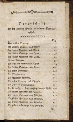 Verzeichniß der im zweyten Bande enthaltenen Sonntagsepisteln.