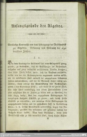 Vorläufige Kenntnisse von dem Uibergange der Arithmetik zur Algebra. Erklärung und Gebrauch der algebraischen Zeichen