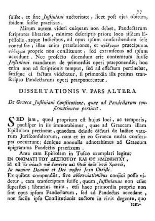Dissertationis V. Pars Altera De Graeca Justiniani Constitutione, quae ad Pandectarum confirmationem pertinet.