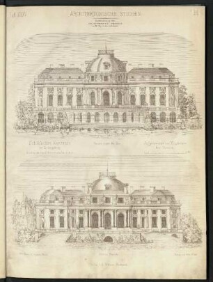 Schlösschen Monrepos bei Ludwigsburg. Fassade Seeseite, Fassade Haupteingang (Grundriss des Original-Entwurfs siehe Heft III, Blatt 4)