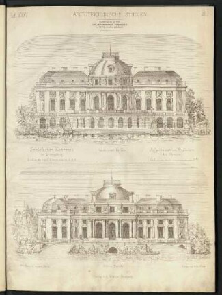 Schlösschen Monrepos bei Ludwigsburg. Fassade Seeseite, Fassade Haupteingang (Grundriss des Original-Entwurfs siehe Heft III, Blatt 4)