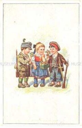 Mädchen mit Jungen, als deutscher und österreichischer Soldat gekleidet