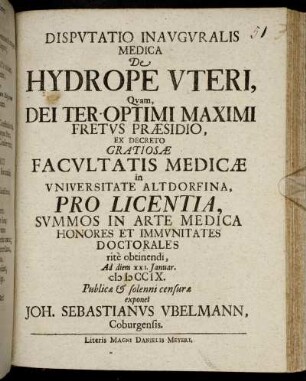 Disputatio Inauguralis Medica De Hydrope Uteri