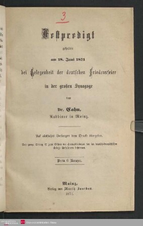 Festpredigt gehalten am 18. Juni 1871 bei Gelegenheit der deutschen Friedensfeier in der großen Synagoge