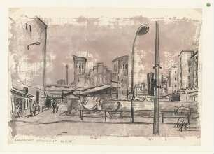 Colorierte Kreidezeichnung von Karl-Heinz Klingbeil: "Bahnpostamt am Ostbahnhof 22.5.78" (1978)