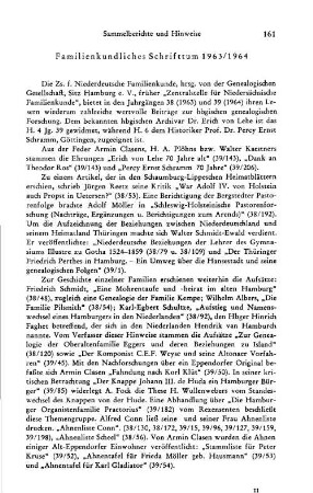 Sammelberichte und Hinwese : Familienkundliches Schrifttum 1963/1964