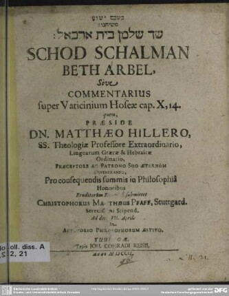 Schod Schalman Beth Arbel, Sive Commentarius super Vaticinium Hoseae cap. X,14