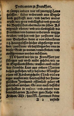 Gegenbericht vnd verantwortung der Predicanten zu Franckfort am Meyn, vff etliche vngegrundte klagschrifften der Welschen, Das ist, der Frantzösischen vnd Flemmischen Predicanten vnd gemeyn daselbst
