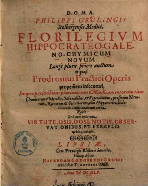 Florilegium Hippocrateo-Galenochymicum novum