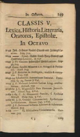 Classis V. Lexica, Historia Litteraria, IOratores, Epistolae &c. In Octavo