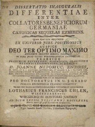 Dissertatio Inauguralis Differentiae Inter Collatores Beneficiorum Germaniae Canonicas Sequelas Exhibens