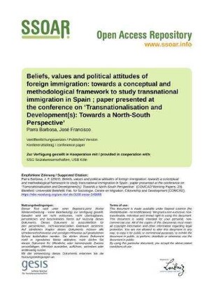 Beliefs, values and political attitudes of foreign immigration: towards a conceptual and methodological framework to study transnational immigration in Spain ; paper presented at the conference on ‘Transnationalisation and Development(s): Towards a North-South Perspective’