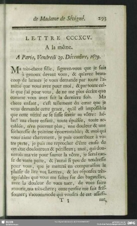 Lettre CCCXCV. A la même. A Paris, Vendredi 29. Décembre, 1679