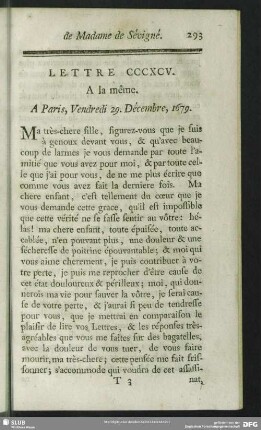Lettre CCCXCV. A la même. A Paris, Vendredi 29. Décembre, 1679