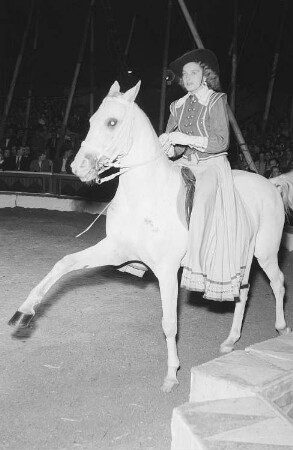 Frau auf einem Zirkuspferd bei einem Auftritt vor Publikum in der Manege des Volkseigenen Circus Aeros