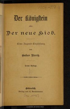 Der Königstein oder: Der neue Hiob : eine Jugend-Erzählung
