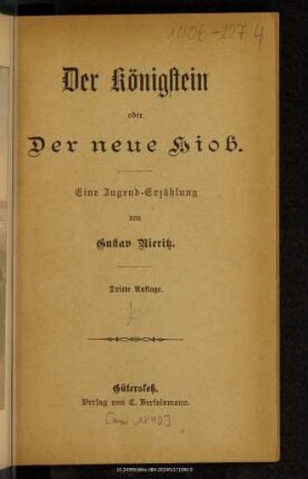 Der Königstein oder: Der neue Hiob : eine Jugend-Erzählung