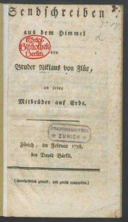 Sendschreiben aus dem Himmel von Bruder Niklaus von Flüe, an seine Mitbrüder auf Erde