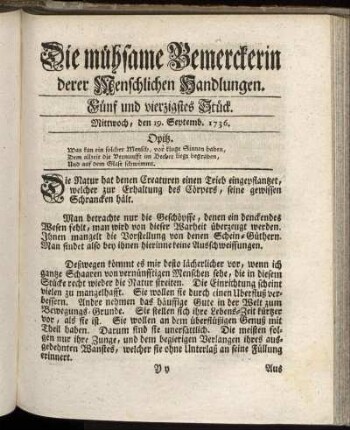 Fünf und vierzigstes Stück. Mittwoch, den 19. Septemb. 1736.