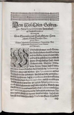 Dem Wol Edlen Gestrengen; Herrn Bonaventuræ von Furttenbach [...] Herrn Johann Sebald Straussen [...]